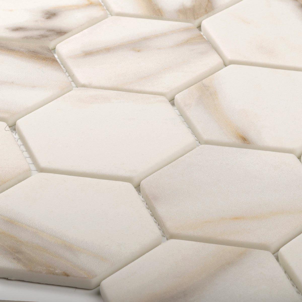 Recycled Glass Hexagon Mosaic In Calacatta Marble Color