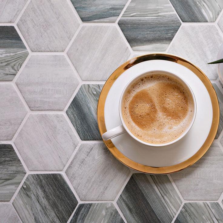 10.2" x 11.7" Recycled Glass Hexagon Mosaic In Grey Wood Color