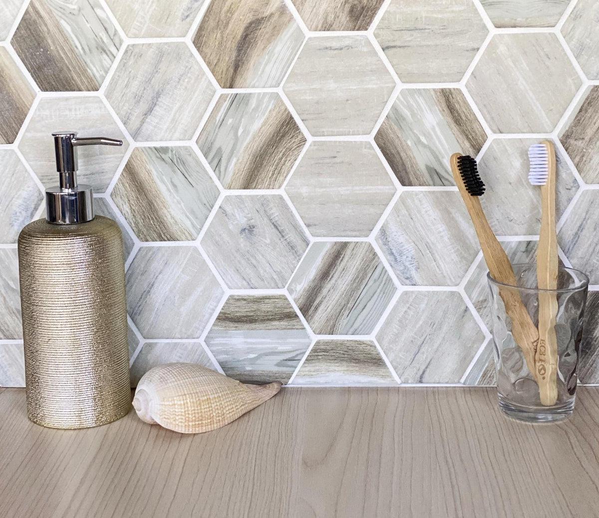 Recycled Glass Hexagon Mosaic In Wood Color