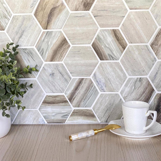 RECYCLED GLASS HEXAGON MOSAIC TILE in WOOD COLOR