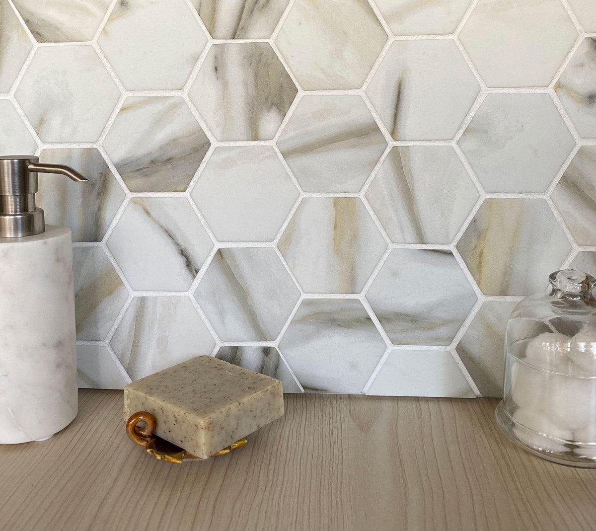 Recycled Glass Hexagon Mosaic In Calacatta Marble Color | 10.2" x 11.7"