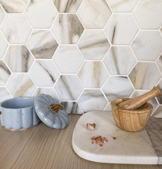Recycled Glass Hexagon Mosaic In Calacatta Marble Color
