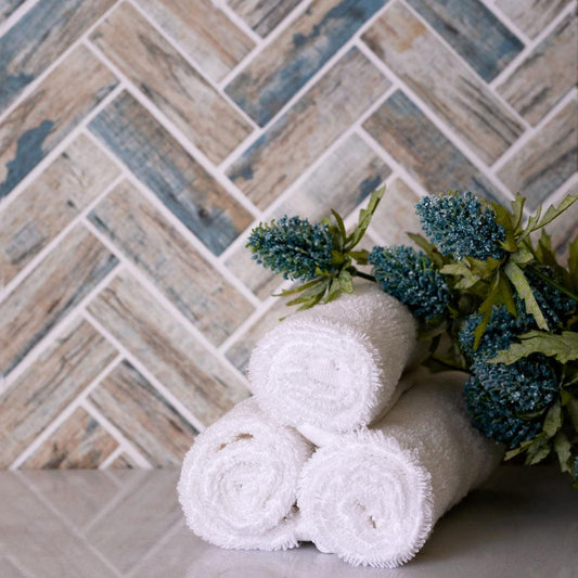 Recycled Glass Herringbone Mosaic In Blue Wood Color for an Eco-Friendly Bathroom