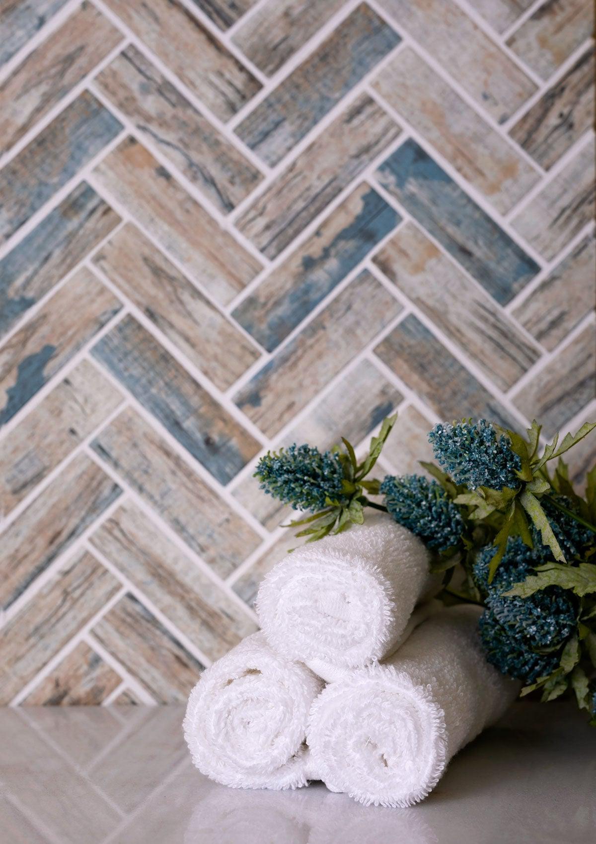 Recycled Glass Herringbone Mosaic In Blue Wood Color | Sustainable