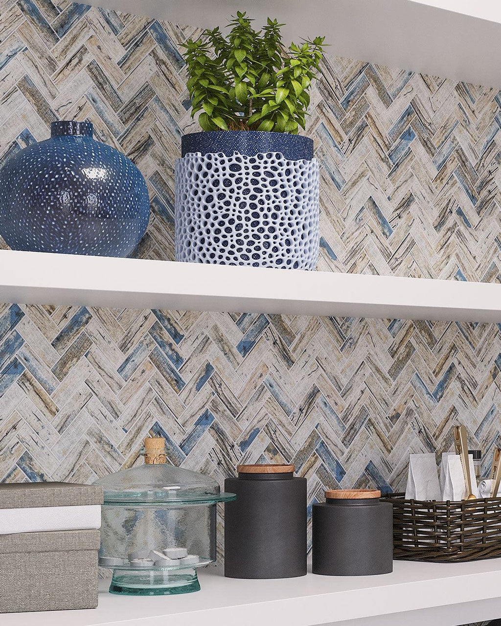 Recycled Glass Herringbone Mosaic In Blue Wood Color | Tile Club