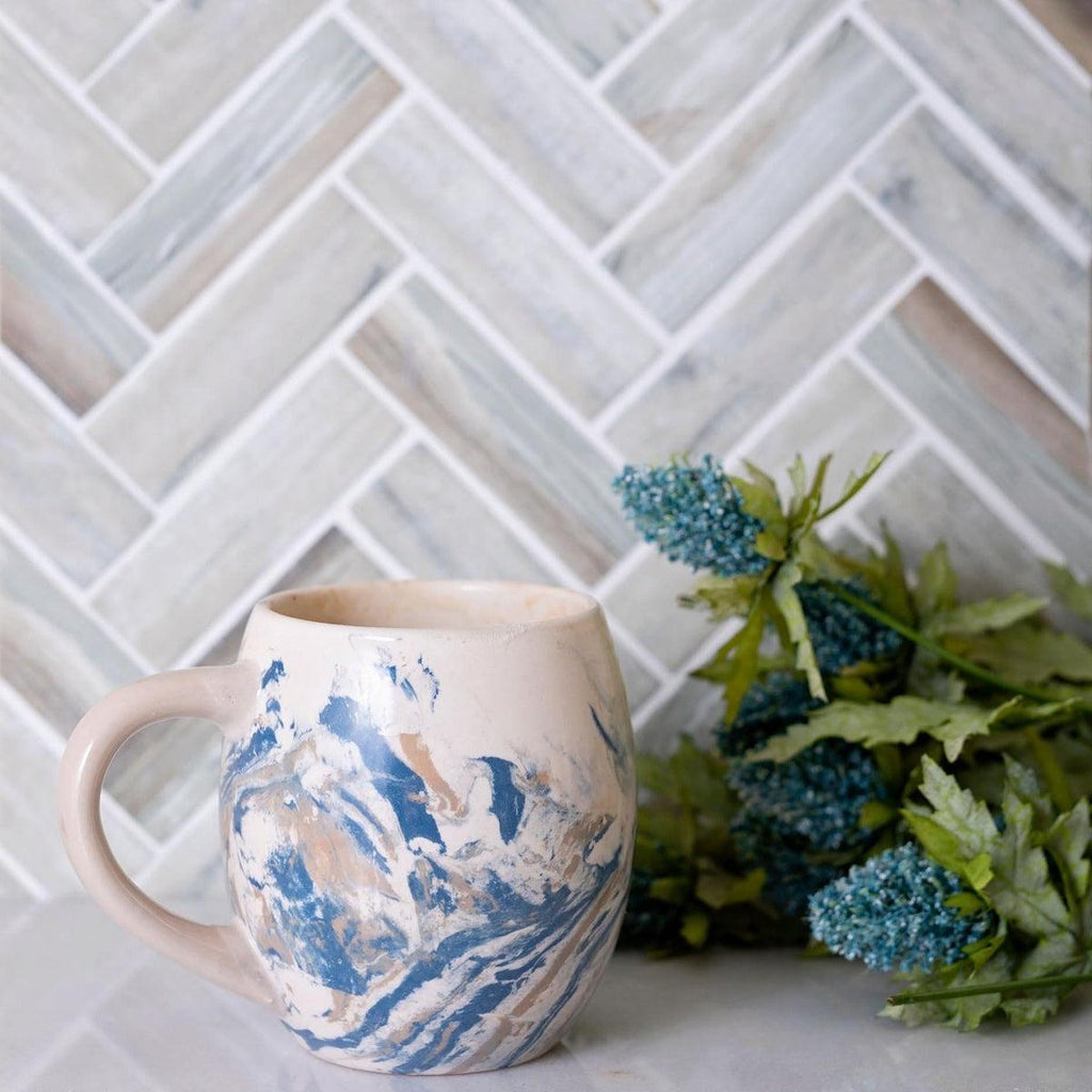 Recycled Glass Herringbone Mosaic Tile In Wood Color