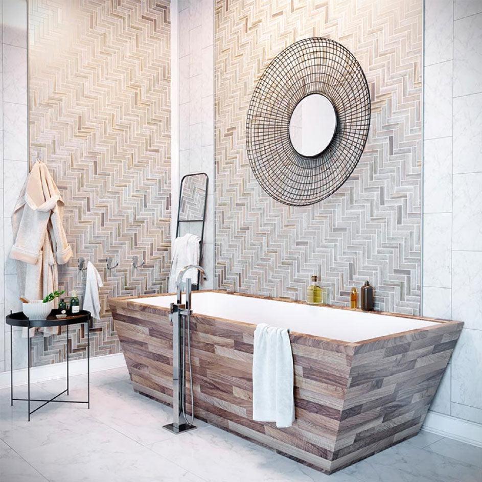 Recycled Glass Herringbone Mosaic Bathroom Tile Backsplash In Wood Color 