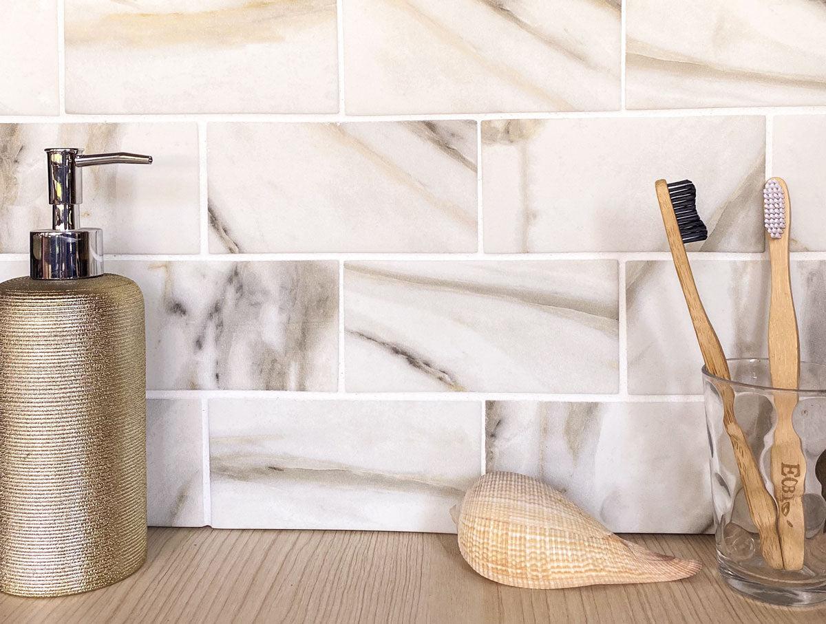 Calacatta Gold Marble Pattern Recycled Glass Subway Tiles