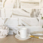 Recycled Glass Subway Tile with Calacatta Gold Marble Design