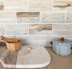 wood design glass subway tile backsplash
