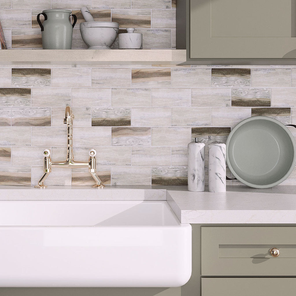 Color of the Year Cabinet Paint with Recycled Glass Subway Mosaic Tile In Wood Color for a neutral kitchen