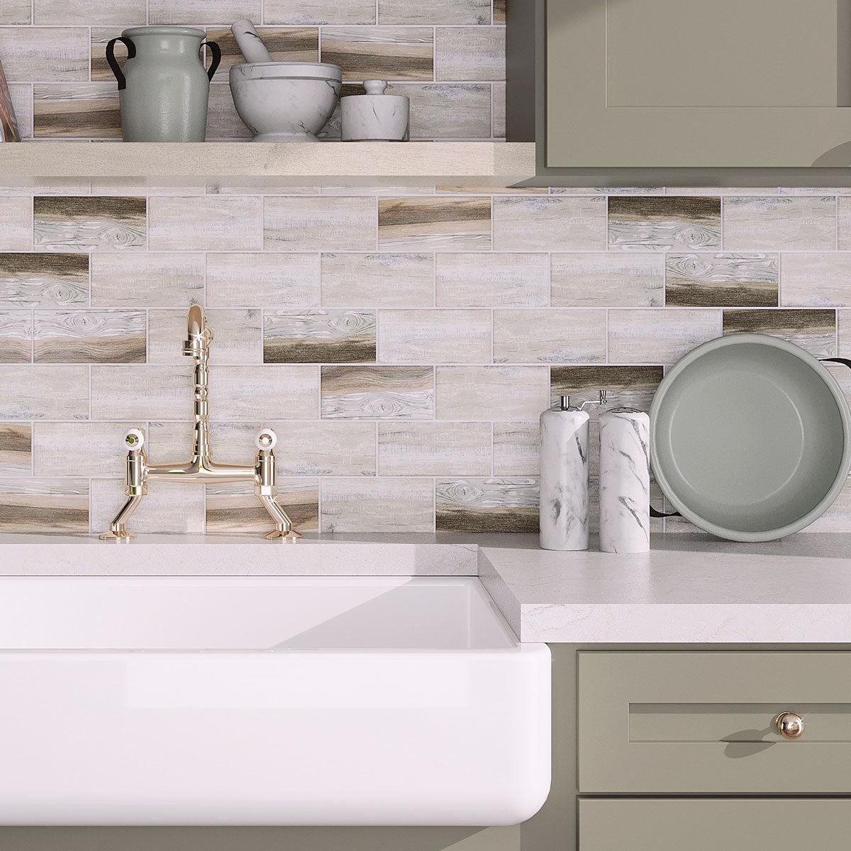 Color of the Year Cabinet Paint with Recycled Glass Subway Mosaic Tile In Wood Color for a neutral kitchen