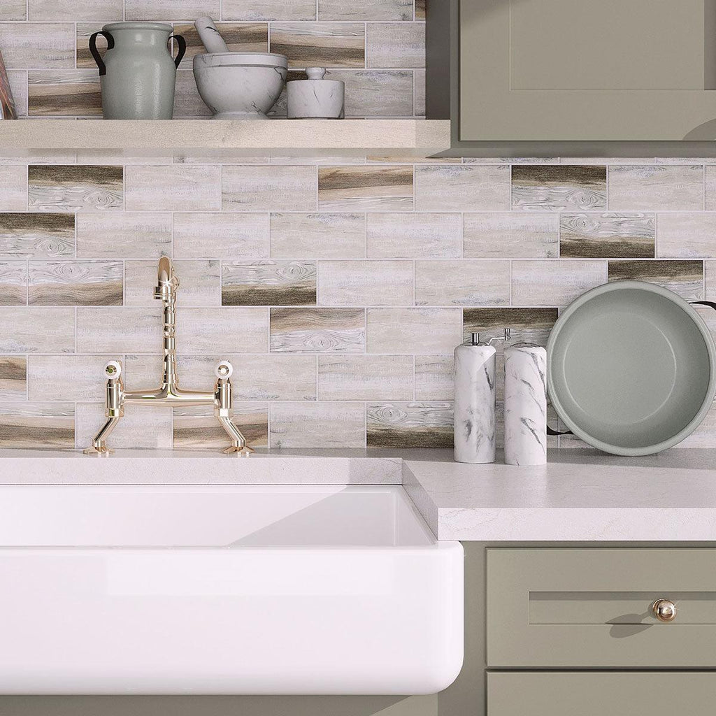 Color of the Year Cabinet Paint with Recycled Glass Subway Mosaic Tile In Wood Color for a neutral kitchen