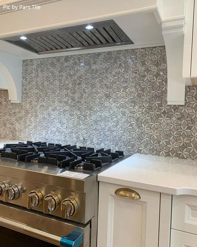 Roman Flower Wooden Beige And Carrara Marble Mosaic Tile | Tile Club