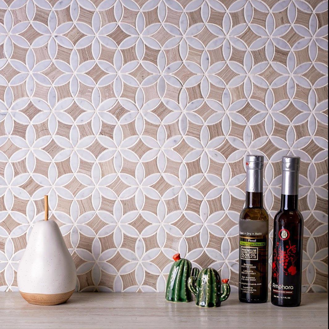 Roman Flower Wooden Beige And Carrara Marble Mosaic Tile