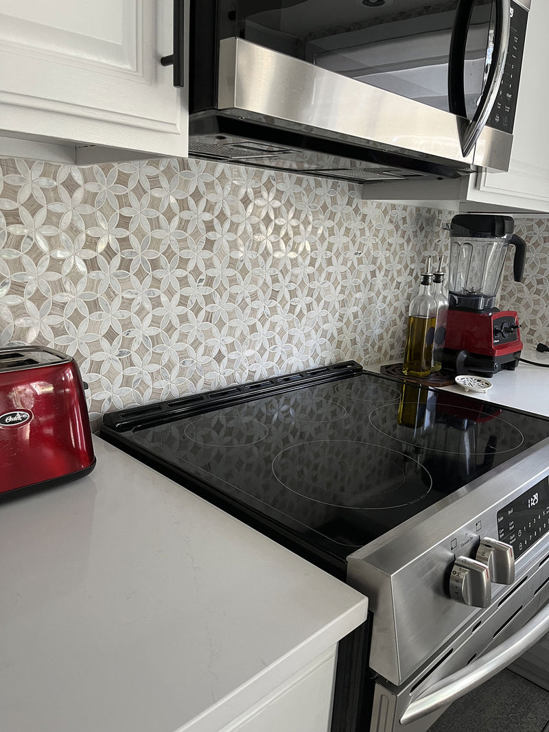 Roman Flower Wooden Beige And Carrara Marble Mosaic Tile | Tile Club