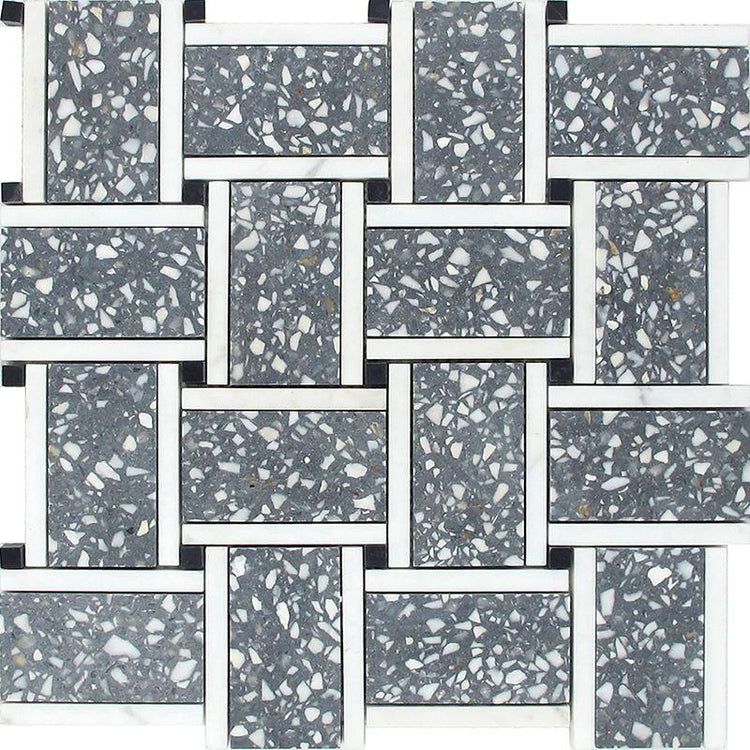 Gray and White Terrazzo Basket Weave Mosaic Tile