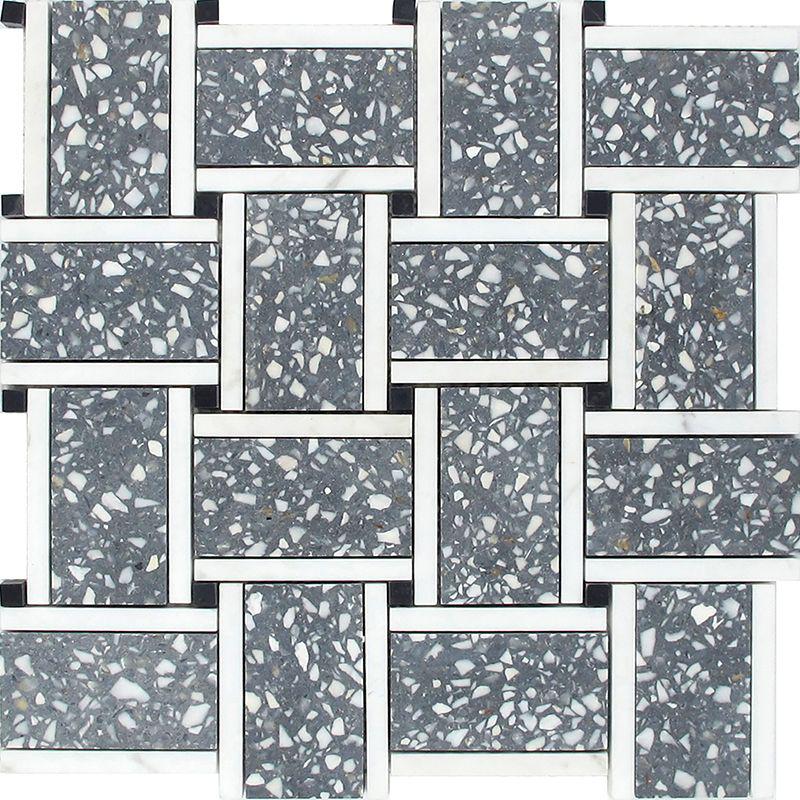 Gray and White Terrazzo Basket Weave Mosaic Tile Sample