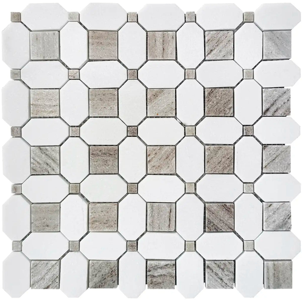 Sand Valley Octagon and Thassos Square Marble Mosaic Tile | Tile Club