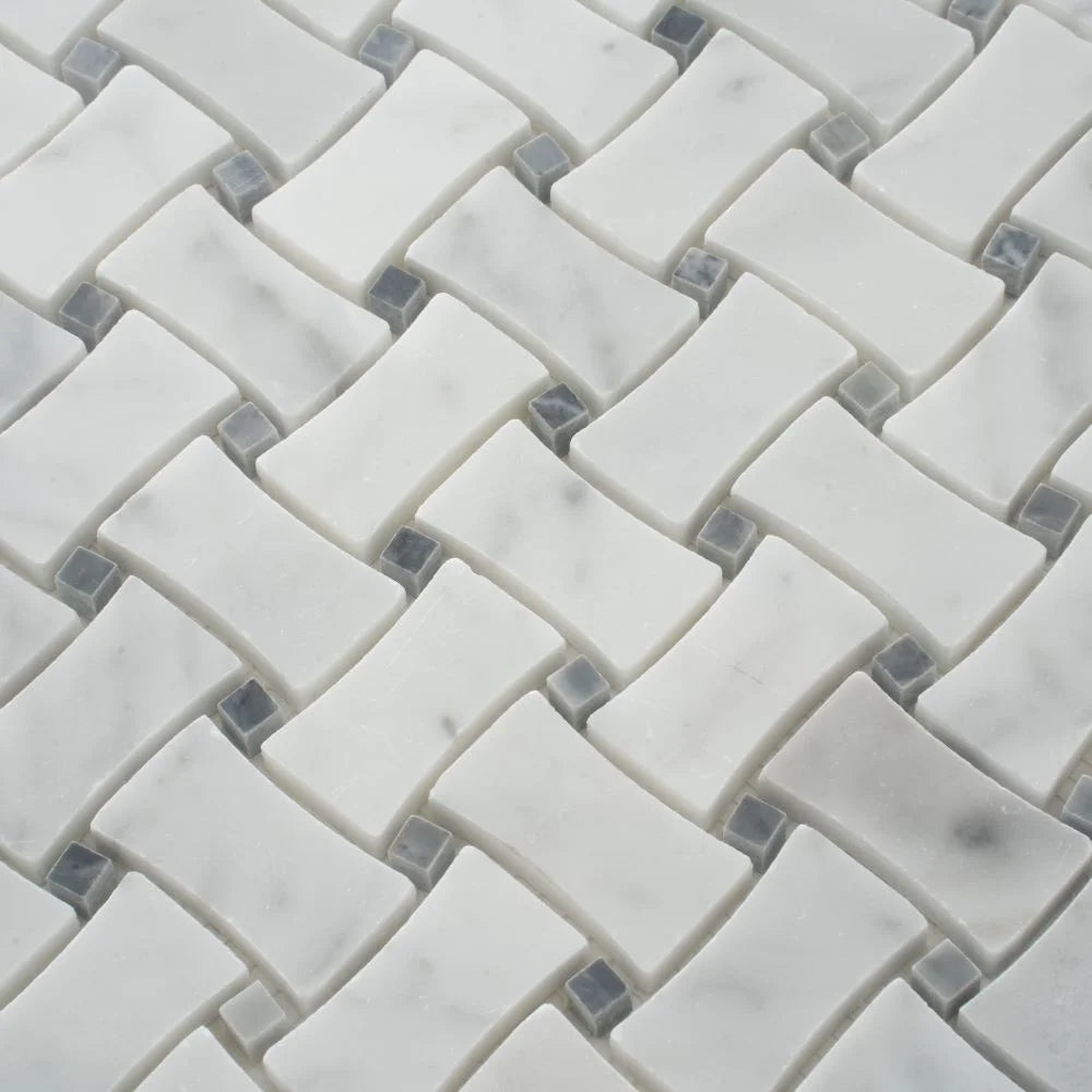White Carrara & Bardiglio Curved Basket Weave Marble Mosaic Tile