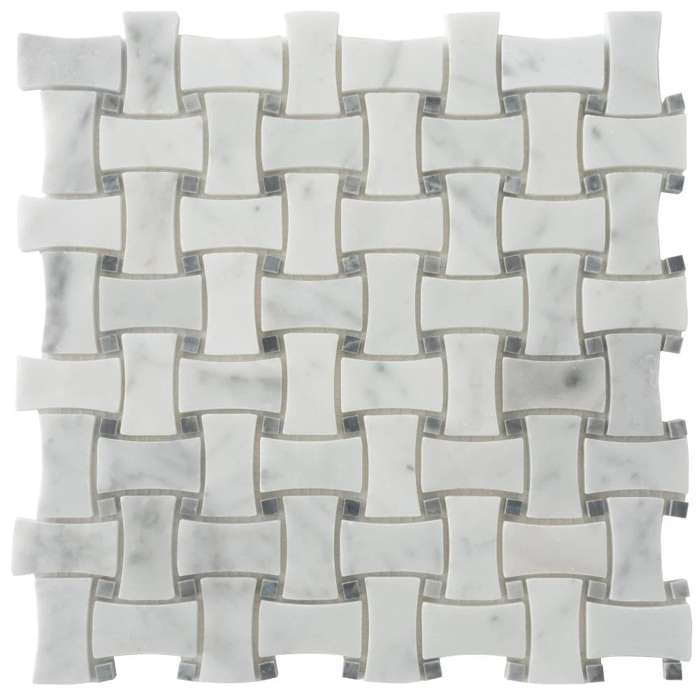 White Carrara & Bardiglio Curved Basket Weave Marble Mosaic Tile