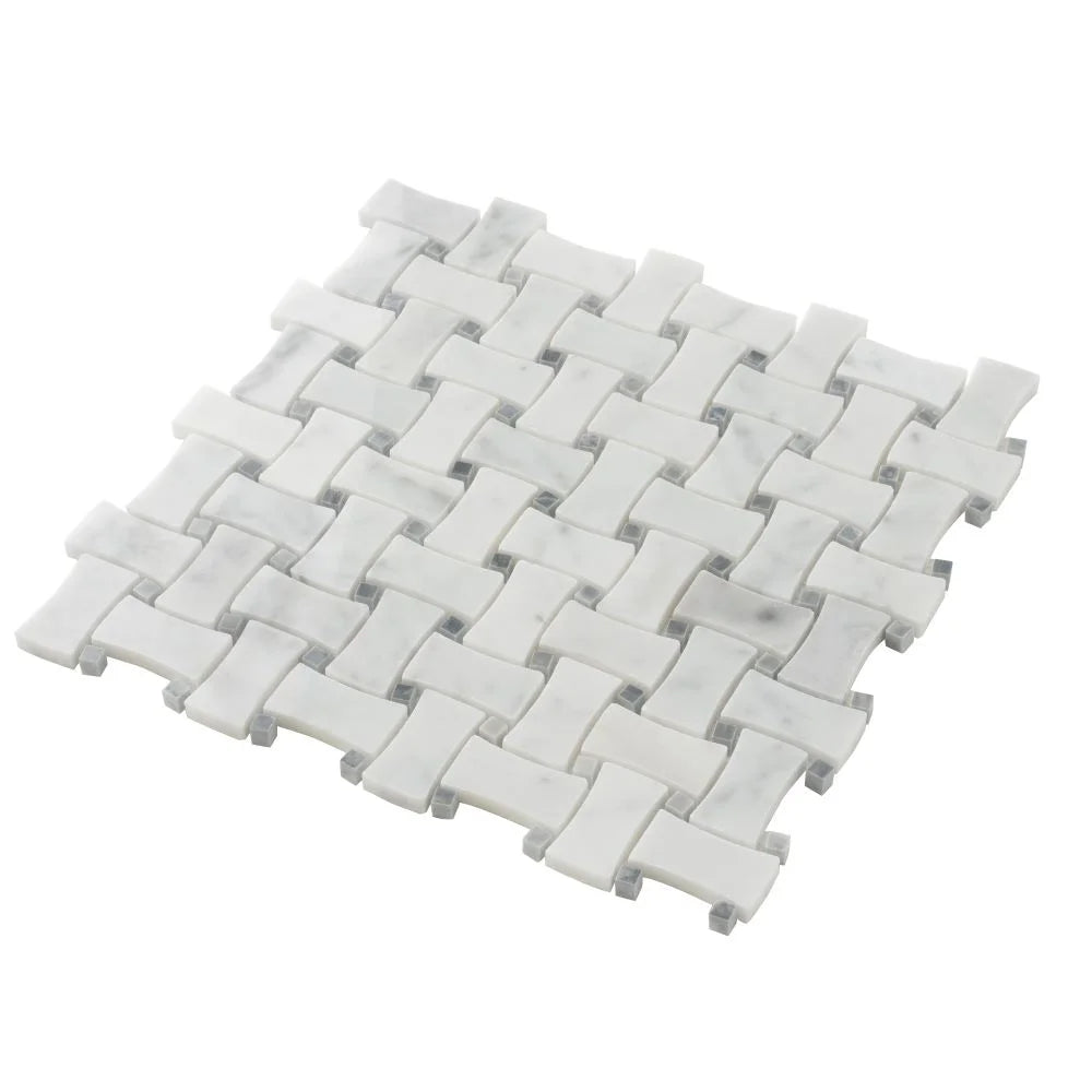 White Carrara & Bardiglio Curved Basket Weave Marble Mosaic Tile