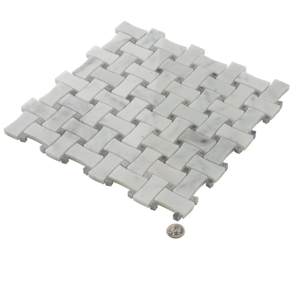 White Carrara & Bardiglio Curved Basket Weave Marble Mosaic Tile
