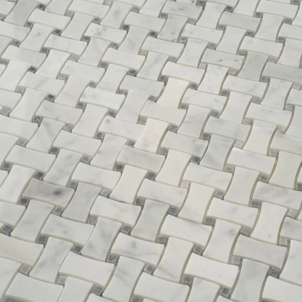 White Carrara & Bardiglio Curved Basket Weave Marble Mosaic Tile