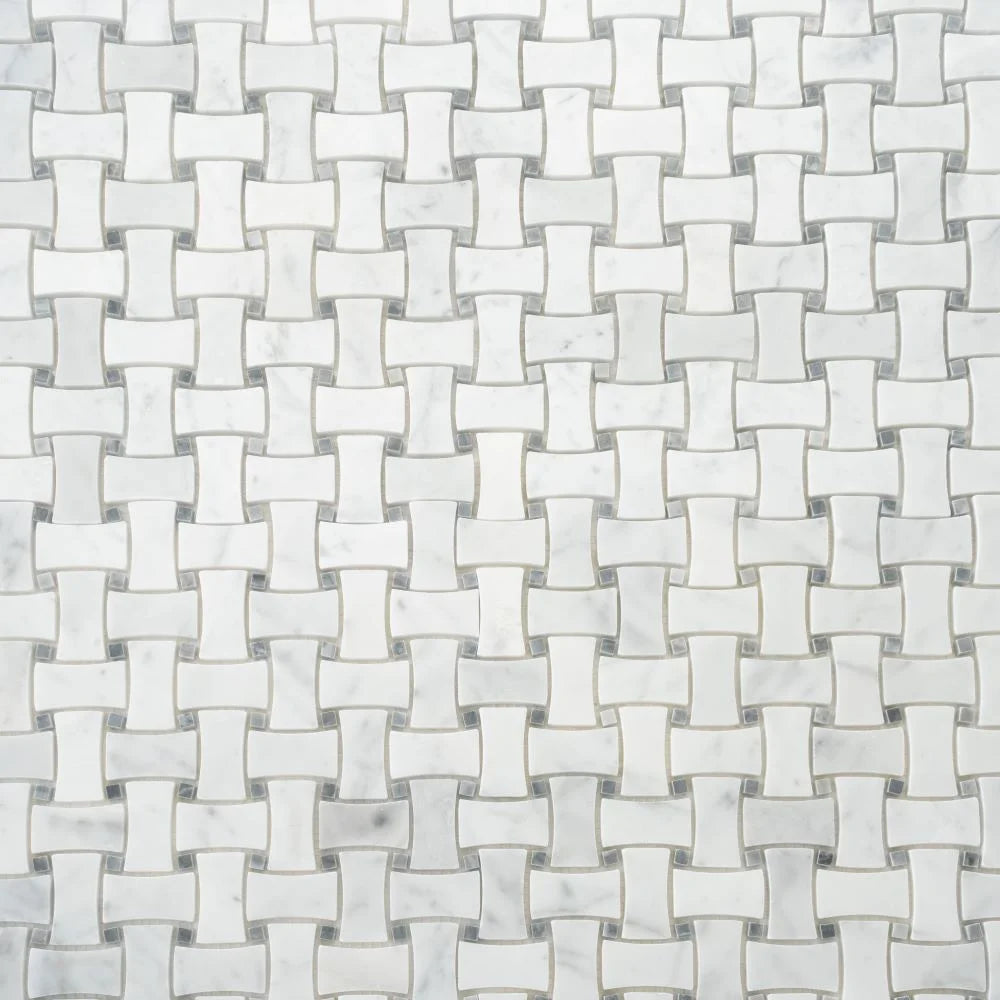 White Carrara & Bardiglio Curved Basket Weave Marble Mosaic Tile