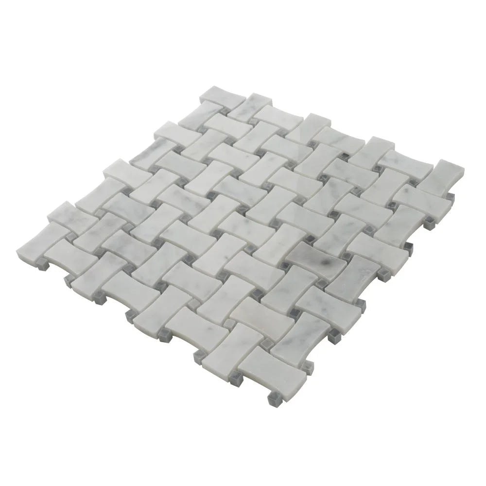 White Carrara & Bardiglio Curved Basket Weave Marble Mosaic Tile