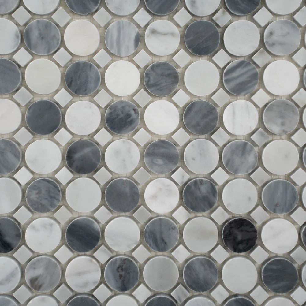 Bardiglio Penny Round & Carrara Dot Marble Mosaic Tile
