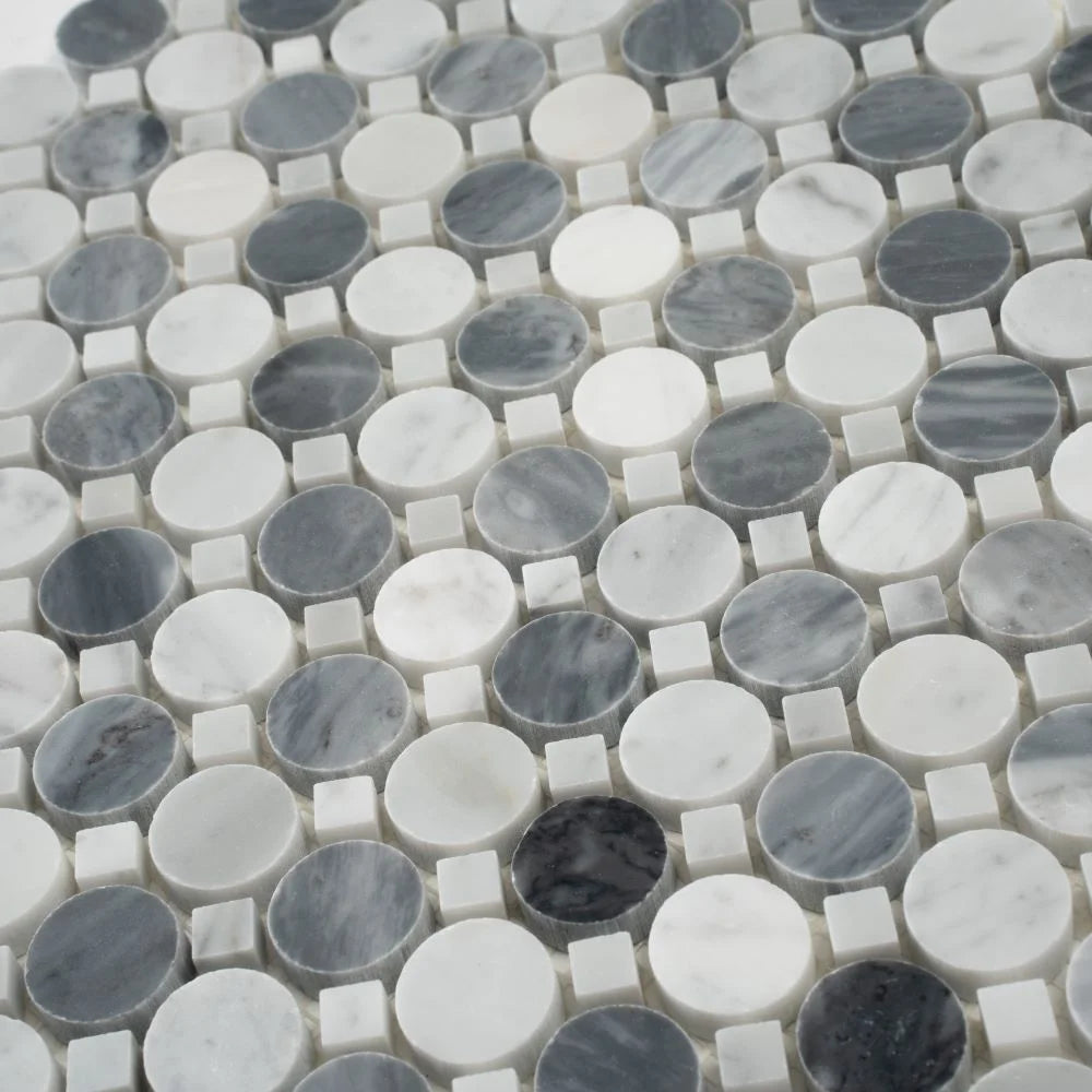 Bardiglio Penny Round & Carrara Dot Marble Mosaic Tile