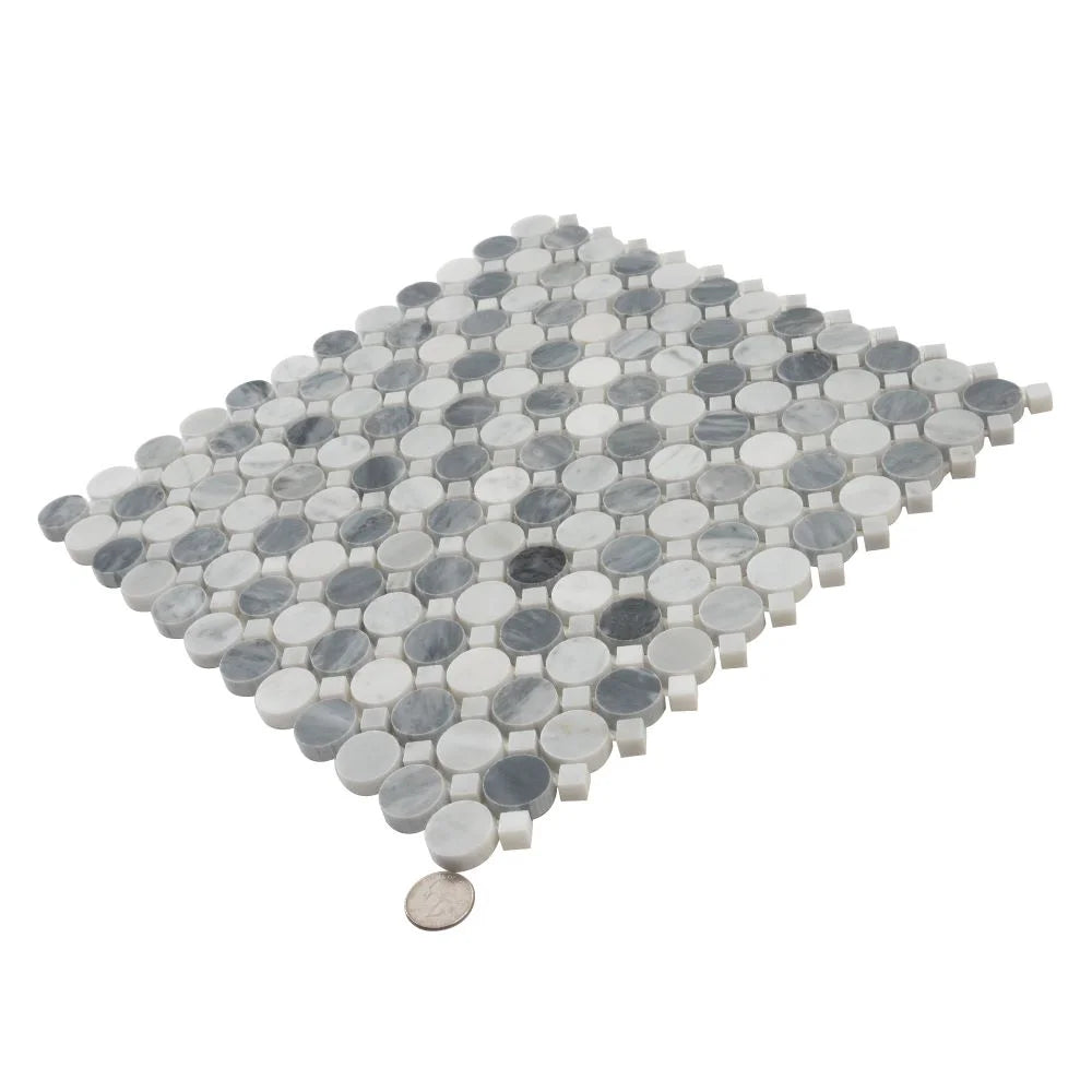 Bardiglio Penny Round & Carrara Dot Marble Mosaic Tile