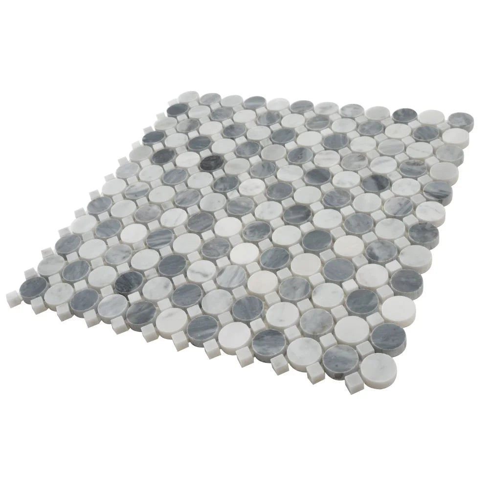 Bardiglio Penny Round & Carrara Dot Marble Mosaic Tile