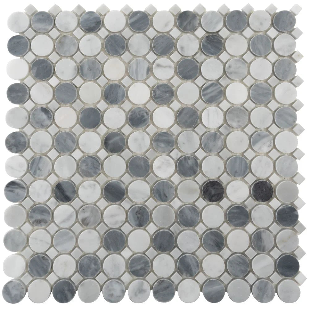 Bardiglio Penny Round & Carrara Dot Marble Mosaic Tile