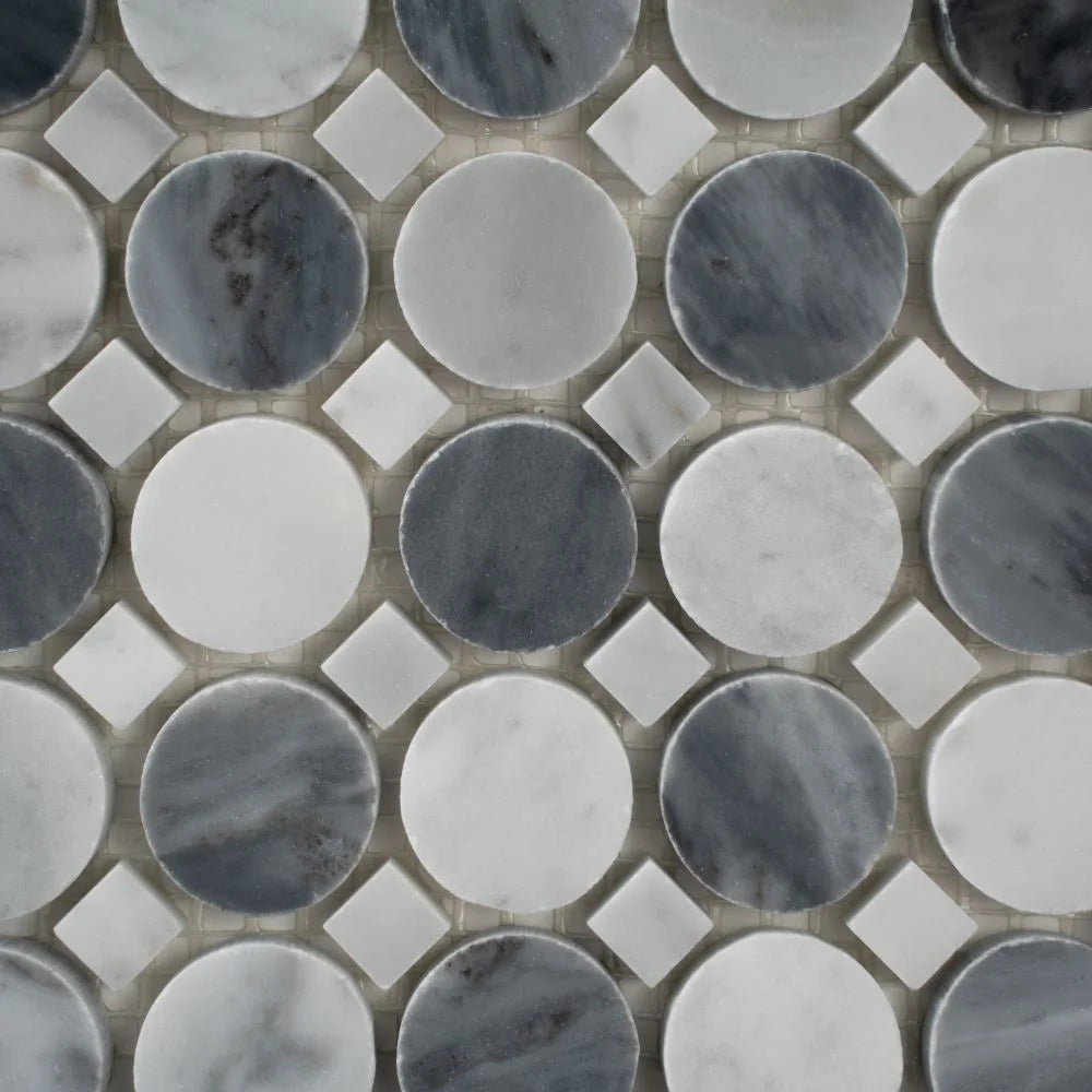 Bardiglio Penny Round & Carrara Dot Marble Mosaic Tile