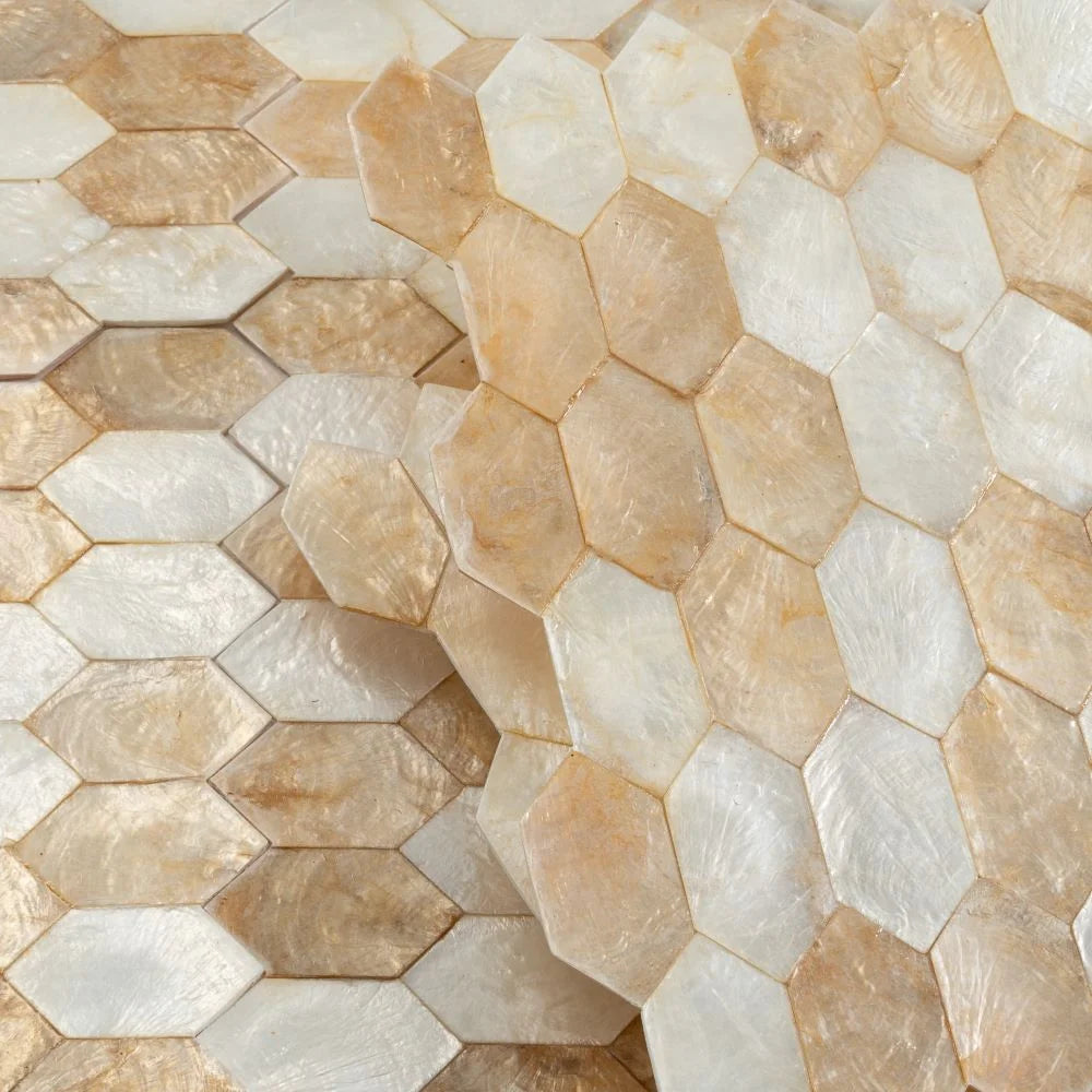 Gold & White Mother Of Pearl Hexagon Mosaic Tile