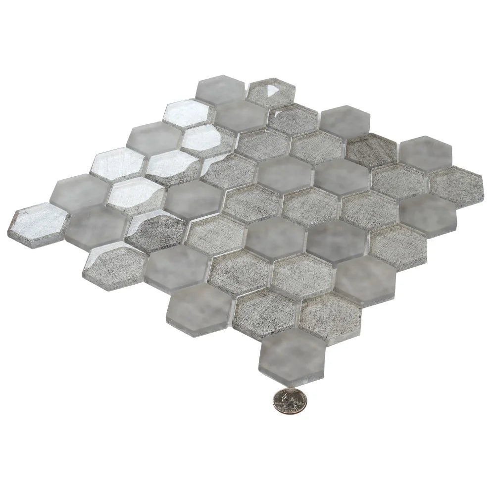 Silver Fabric Glass Hexagon Mosaic Tile
