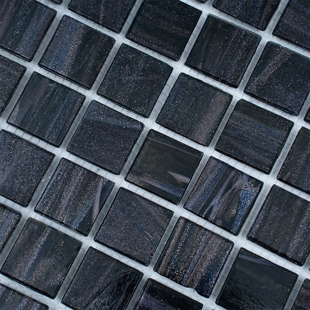 Brushed Sparkly Pearl Black Squares Glass Pool Tile | Tile Club