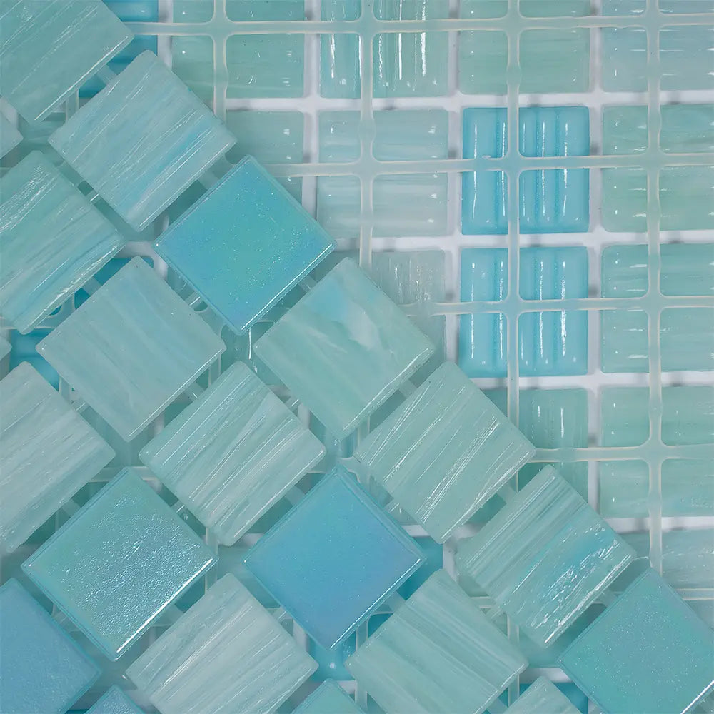 Baby Blue Swirls Squares Glass Pool Tile | Tile Club