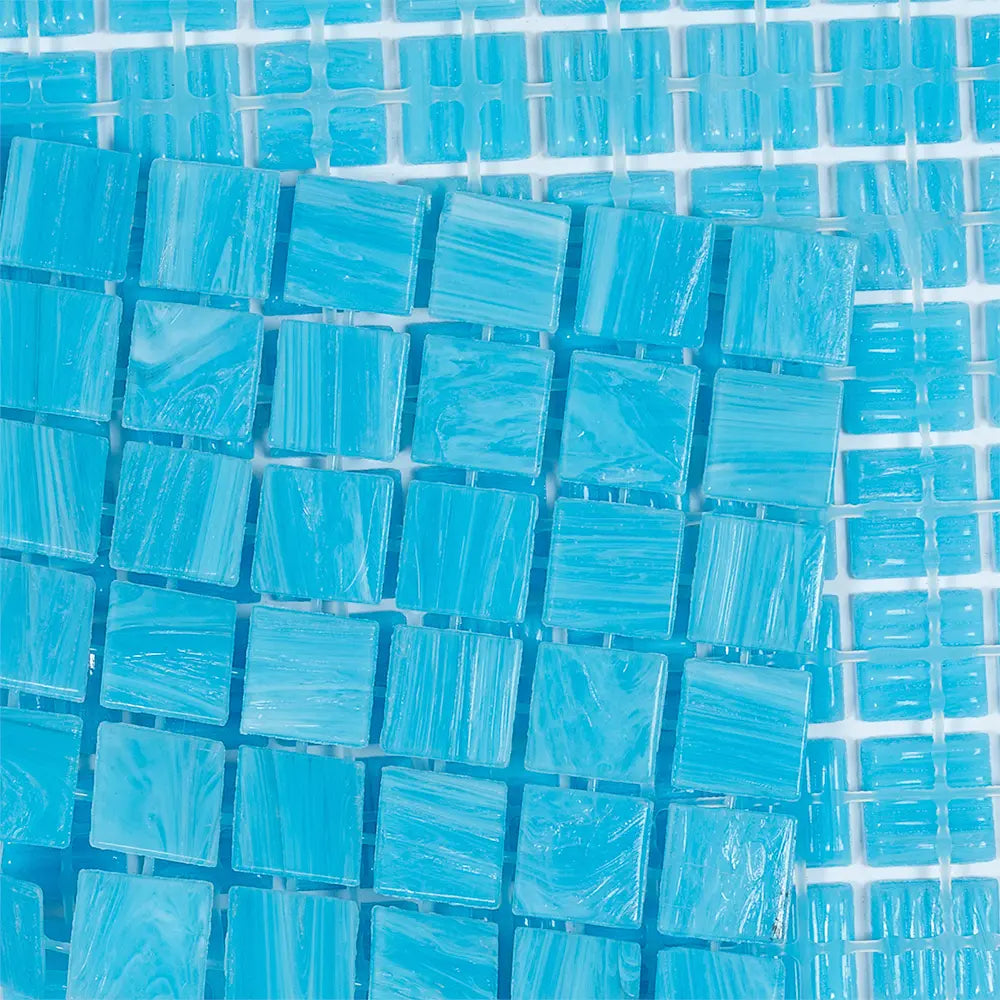 Brushed Sky Blue Mixed Squares Glass Pool Tile | Tile Club