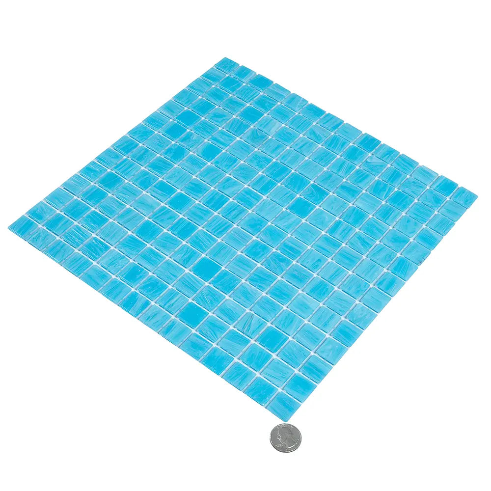 Brushed Sky Blue Mixed Squares Glass Pool Tile | Tile Club