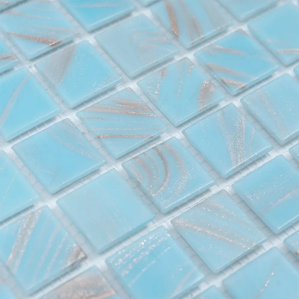 Baby Blue & Gold Mixed Squares Glass Pool Tile | Tile Club