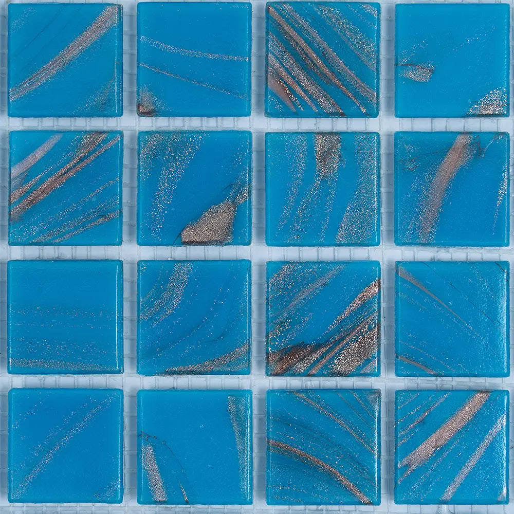 Blue and Golden Sparkles Squares Glass Pool Tile | Tile Club