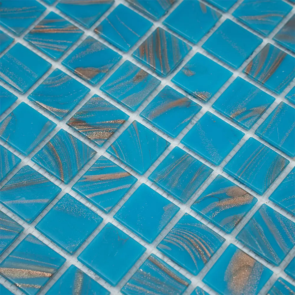 Blue and Golden Sparkles Squares Glass Pool Tile | Tile Club