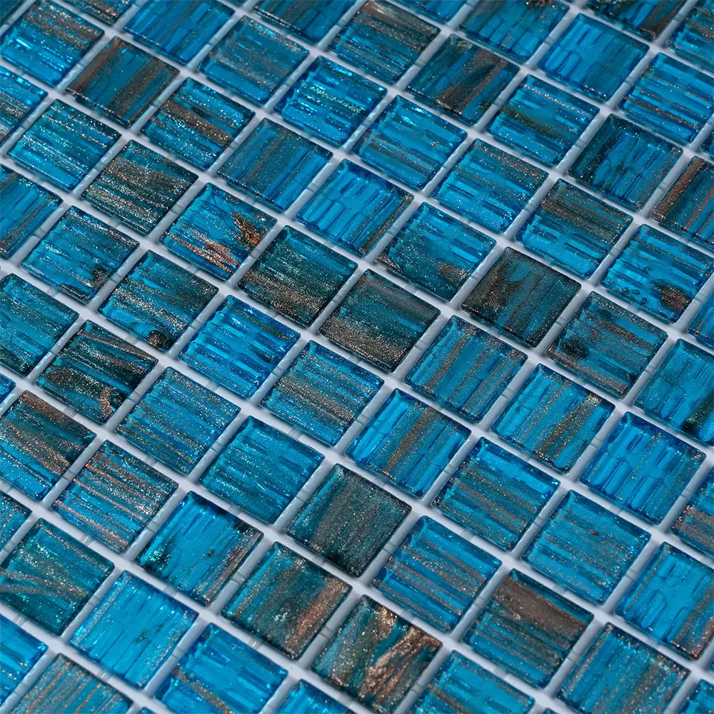 Blue with Gold Stripes Squares Glass Pool Tile | Tile Club