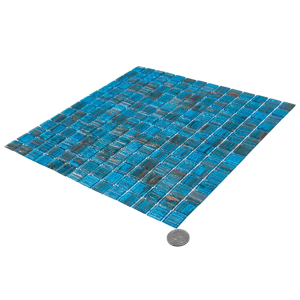 Blue with Gold Stripes Squares Glass Pool Tile | Tile Club