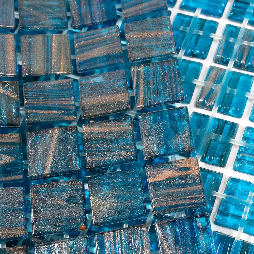 Deep Blue & Gold Swirls Mixed Squares Glass Pool Tile | Tile Club