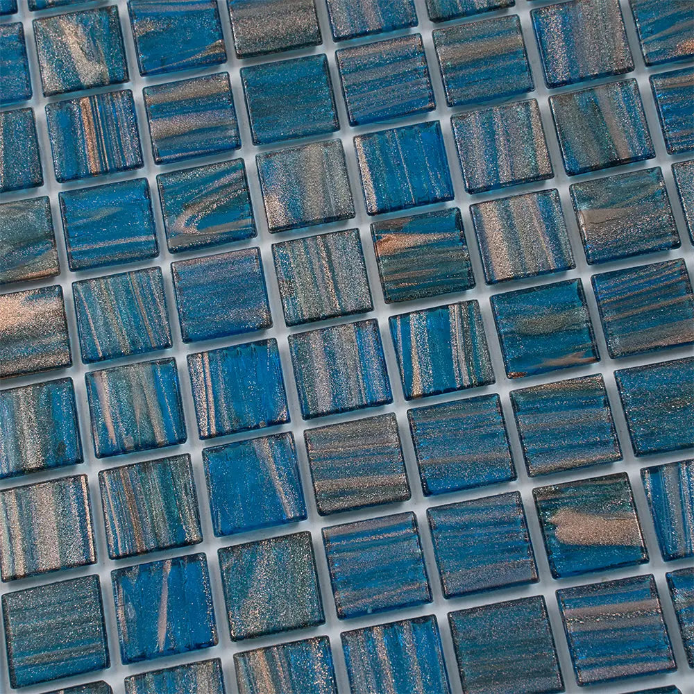 Deep Blue & Gold Swirls Mixed Squares Glass Pool Tile | Tile Club