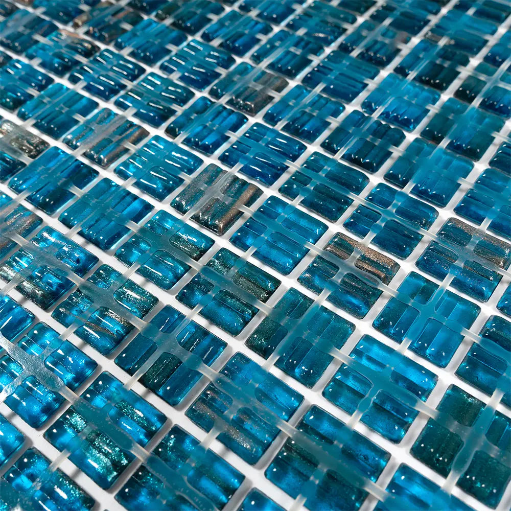 Deep Blue & Gold Swirls Mixed Squares Glass Pool Tile | Tile Club